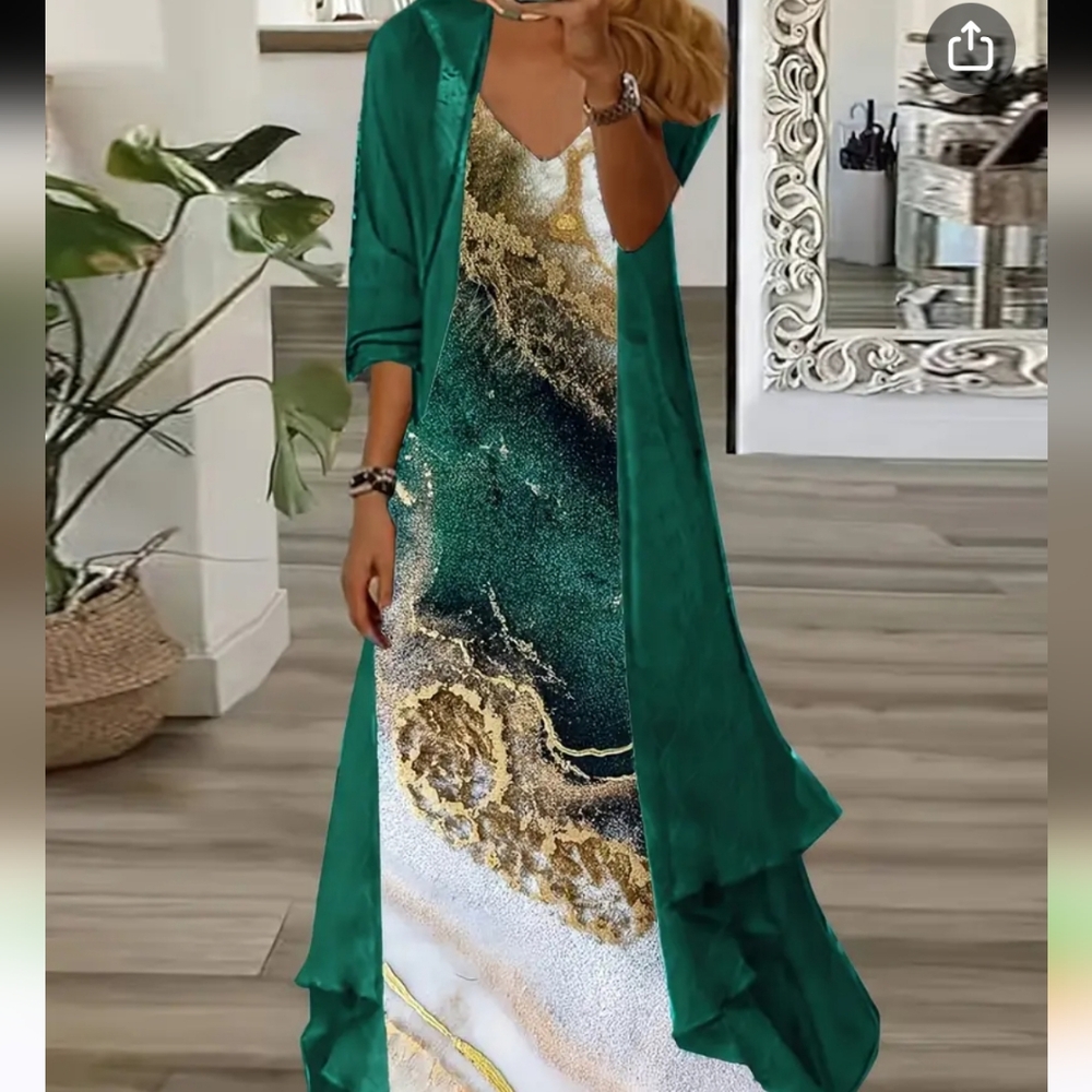 Elegant Green and Gold Maxi Dress with Cover-Up